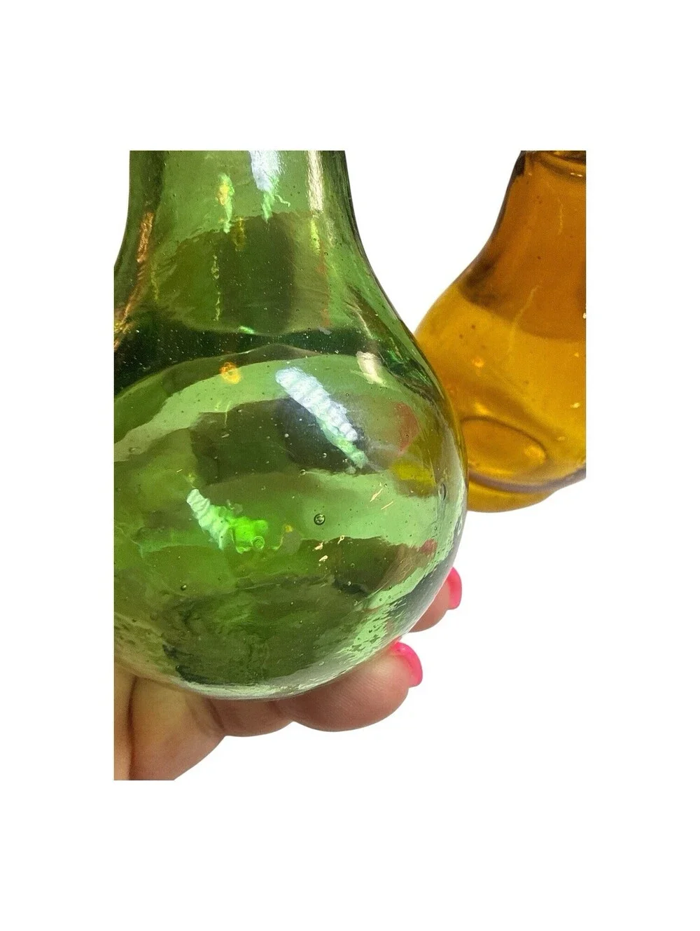 Vintage Light Bulb Salt Pepper Shakers Green & Amber Glass Metal Tops 4